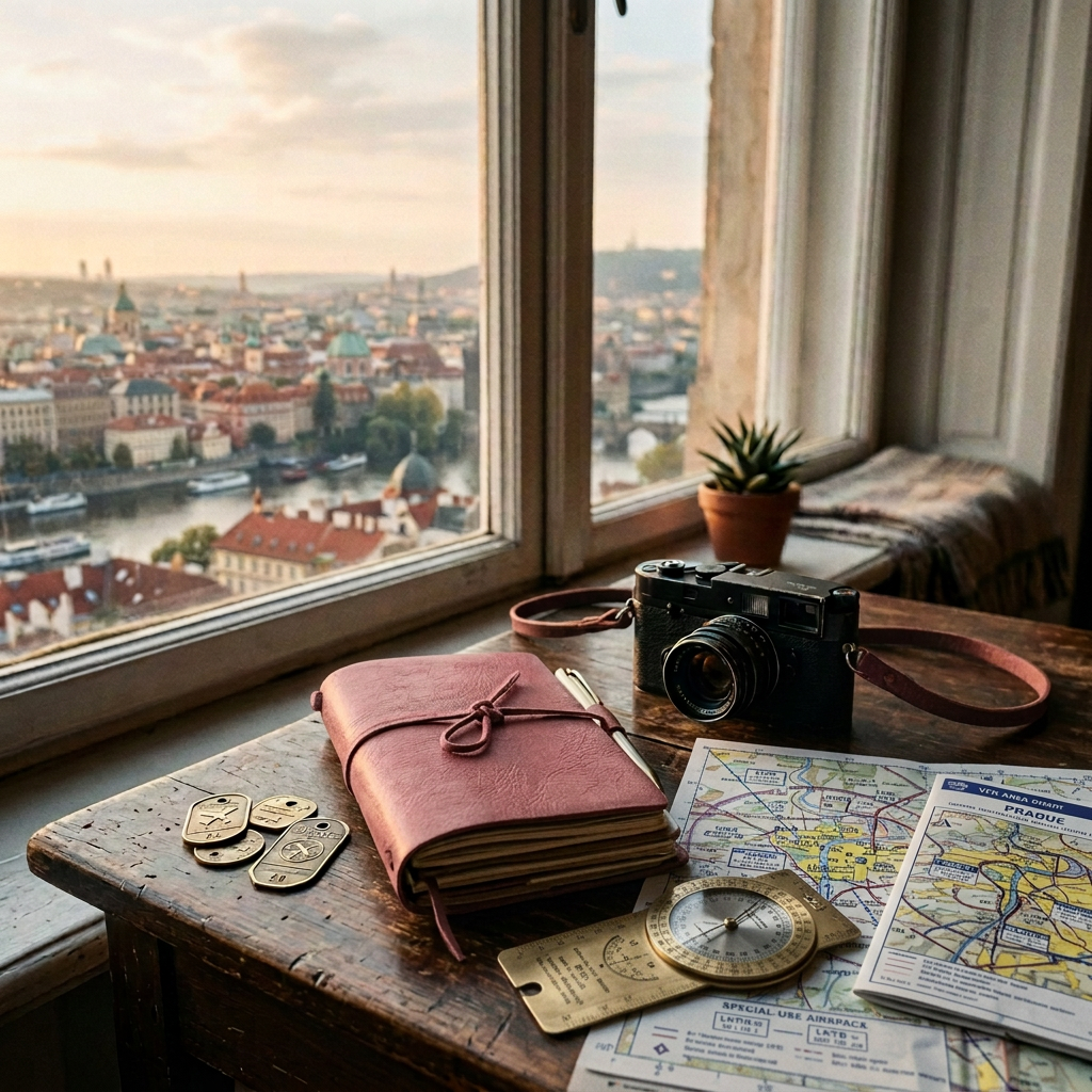 Vintage camera, leather journal, map, and travel tags overlooking a riverside city